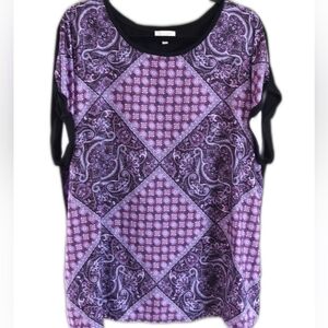 Laura Plus Mixed Media Short Sleeve Side Slit Purple Pattern Bouse Sz 1X